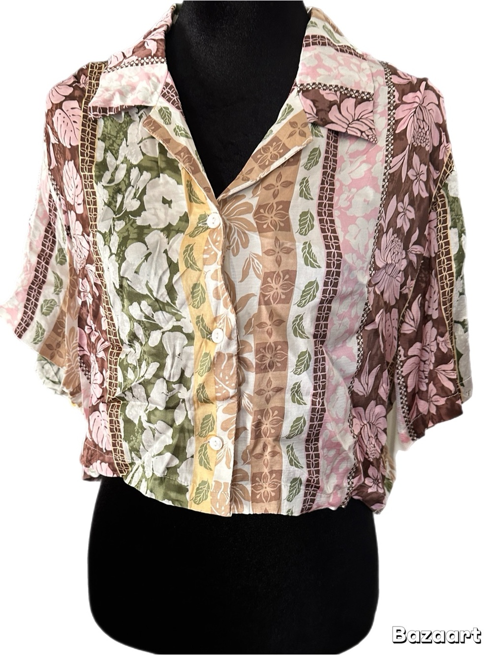 Satin Floral Patchwork Print Button Shirt - Pink, Brown, Green size small - Picture 2 of 10